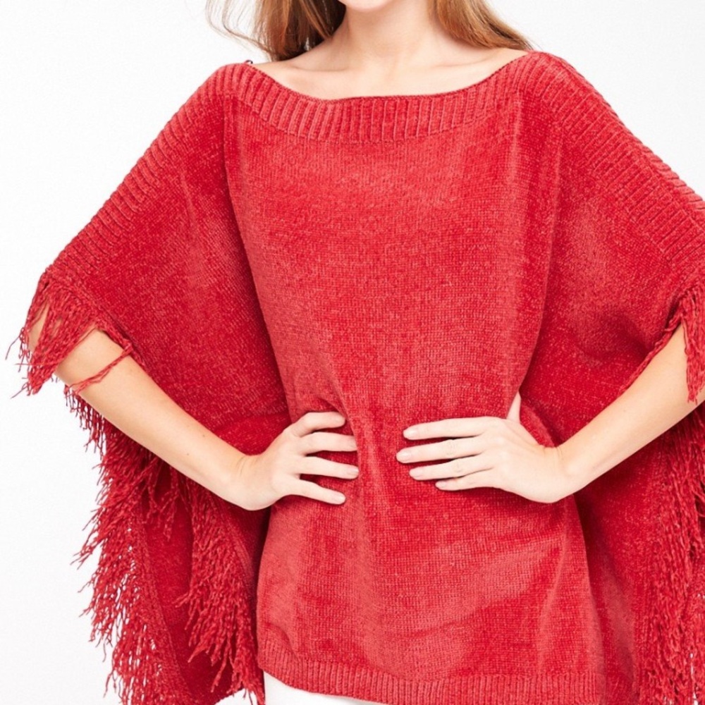 Red chenille poncho with fringe!